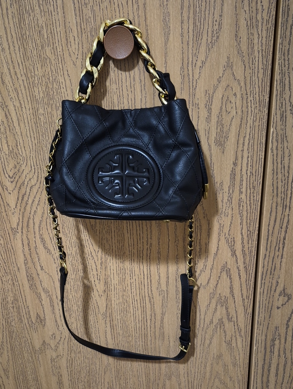 Terre Bleue Black Quilted Leather Gold Chain-Trim Crossbody Purse